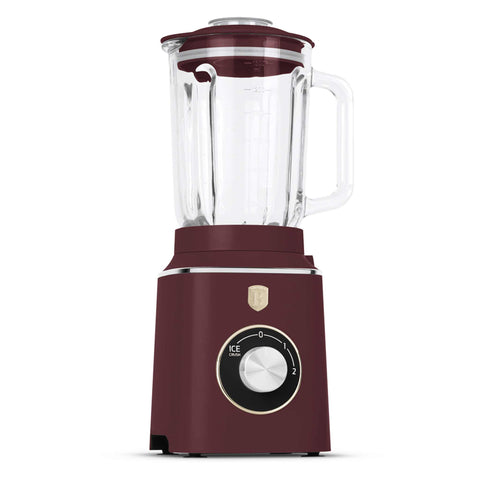 Product image of Table blender with 1,5L GLASS jar 1000W. Part of the Leonardo Collection . Features: • Material: plastic, glass • Power: 1000 W • Voltage: 220-240V, 50-60 Hz • 1,5 L glass jar • Length of power cord: 100 cm • Color: matt bordeaux. (Conceptual view). Official Berlinger Haus product, boosted by Promintra sl.
