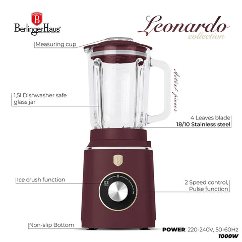 Product image of Table blender with 1,5L GLASS jar 1000W. Part of the Leonardo Collection . Features: • Material: plastic, glass • Power: 1000 W • Voltage: 220-240V, 50-60 Hz • 1,5 L glass jar • Length of power cord: 100 cm • Color: matt bordeaux. (Conceptual view). Official Berlinger Haus product, boosted by Promintra sl.