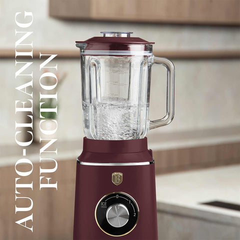 Product image of Table blender with 1,5L GLASS jar 1000W. Part of the Leonardo Collection . Features: • Material: plastic, glass • Power: 1000 W • Voltage: 220-240V, 50-60 Hz • 1,5 L glass jar • Length of power cord: 100 cm • Color: matt bordeaux. (Conceptual view). Official Berlinger Haus product, boosted by Promintra sl.