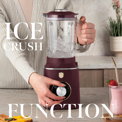 Product image of Table blender with 1,5L GLASS jar 1000W. Part of the Leonardo Collection . Features: • Material: plastic, glass • Power: 1000 W • Voltage: 220-240V, 50-60 Hz • 1,5 L glass jar • Length of power cord: 100 cm • Color: matt bordeaux. (Conceptual view). Official Berlinger Haus product, boosted by Promintra sl.