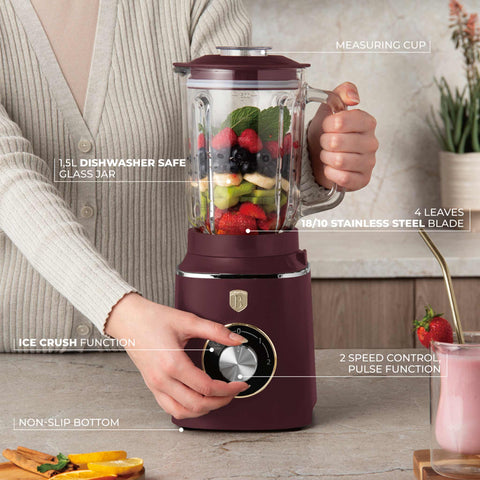 Product image of Table blender with 1,5L GLASS jar 1000W. Part of the Leonardo Collection . Features: • Material: plastic, glass • Power: 1000 W • Voltage: 220-240V, 50-60 Hz • 1,5 L glass jar • Length of power cord: 100 cm • Color: matt bordeaux. (Conceptual view). Official Berlinger Haus product, boosted by Promintra sl.