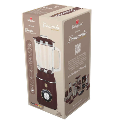 Product image of Table blender with 1,5L GLASS jar 1000W. Part of the Leonardo Collection . Features: • Material: plastic, glass • Power: 1000 W • Voltage: 220-240V, 50-60 Hz • 1,5 L glass jar • Length of power cord: 100 cm • Color: matt bordeaux. (Conceptual view). Official Berlinger Haus product, boosted by Promintra sl.