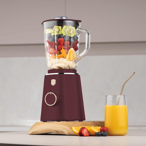 Product image of Table blender with 1,5L GLASS jar 1000W. Part of the Leonardo Collection . Features: • Material: plastic, glass • Power: 1000 W • Voltage: 220-240V, 50-60 Hz • 1,5 L glass jar • Length of power cord: 100 cm • Color: matt bordeaux. (Conceptual view). Official Berlinger Haus product, boosted by Promintra sl.