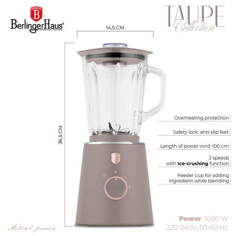 Product image of Table blender with 1,5L GLASS jar 1000W. Part of the Taupe Collection . Features: • Material: plastic, glass • Power: 1000 W • Voltage: 220-240V, 50-60 Hz • 1,5 L glass jar • Length of power cord: 100 cm • Color: matt taupe. (Conceptual view). Official Berlinger Haus product, boosted by Promintra sl.