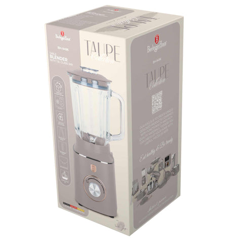 Product image of Table blender with 1,5L GLASS jar 1000W. Part of the Taupe Collection . Features: • Material: plastic, glass • Power: 1000 W • Voltage: 220-240V, 50-60 Hz • 1,5 L glass jar • Length of power cord: 100 cm • Color: matt taupe. (Conceptual view). Official Berlinger Haus product, boosted by Promintra sl.