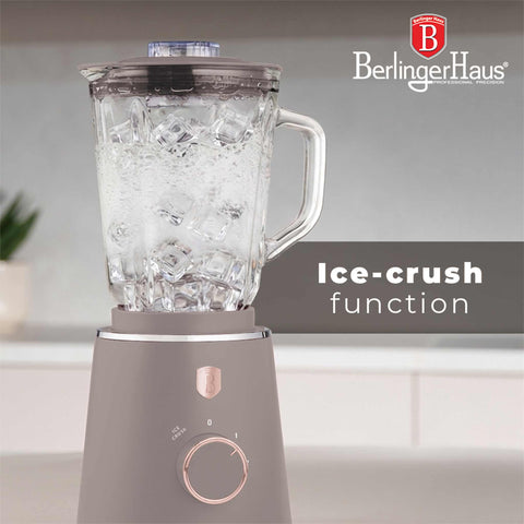 Product image of Table blender with 1,5L GLASS jar 1000W. Part of the Taupe Collection . Features: • Material: plastic, glass • Power: 1000 W • Voltage: 220-240V, 50-60 Hz • 1,5 L glass jar • Length of power cord: 100 cm • Color: matt taupe. (Conceptual view). Official Berlinger Haus product, boosted by Promintra sl.