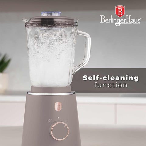 Product image of Table blender with 1,5L GLASS jar 1000W. Part of the Taupe Collection . Features: • Material: plastic, glass • Power: 1000 W • Voltage: 220-240V, 50-60 Hz • 1,5 L glass jar • Length of power cord: 100 cm • Color: matt taupe. (Conceptual view). Official Berlinger Haus product, boosted by Promintra sl.