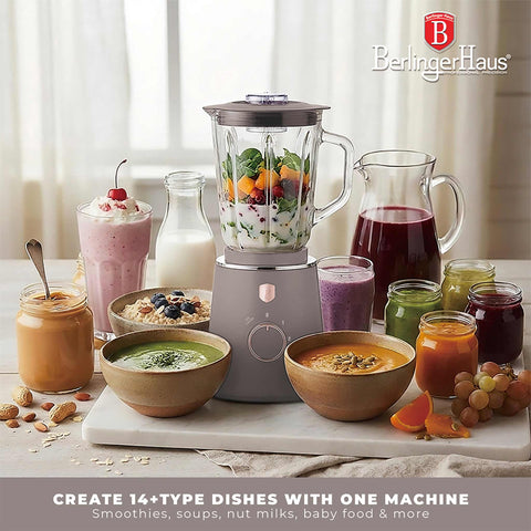 Product image of Table blender with 1,5L GLASS jar 1000W. Part of the Taupe Collection . Features: • Material: plastic, glass • Power: 1000 W • Voltage: 220-240V, 50-60 Hz • 1,5 L glass jar • Length of power cord: 100 cm • Color: matt taupe. (Conceptual view). Official Berlinger Haus product, boosted by Promintra sl.