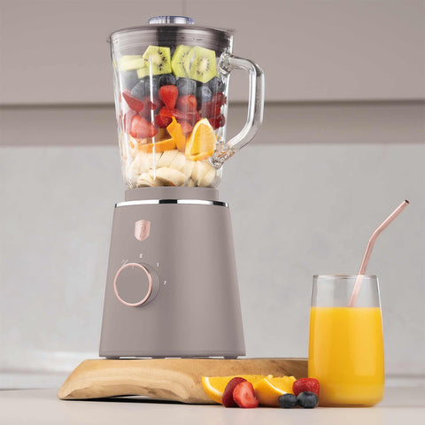 Product image of Table blender with 1,5L GLASS jar 1000W. Part of the Taupe Collection . Features: • Material: plastic, glass • Power: 1000 W • Voltage: 220-240V, 50-60 Hz • 1,5 L glass jar • Length of power cord: 100 cm • Color: matt taupe. (Conceptual view). Official Berlinger Haus product, boosted by Promintra sl.