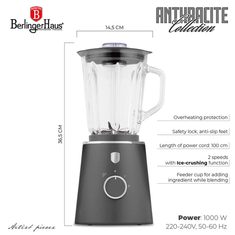Product image of Table blender with 1,5L GLASS jar 1000W. Part of the Anthracite Collection . Features: • Material: plastic, glass • Power: 1000 W • Voltage: 220-240V, 50-60 Hz • 1,5 L glass jar • Length of power cord: 100 cm • Color: matt anthracite. (Conceptual view). Official Berlinger Haus product, boosted by Promintra sl.
