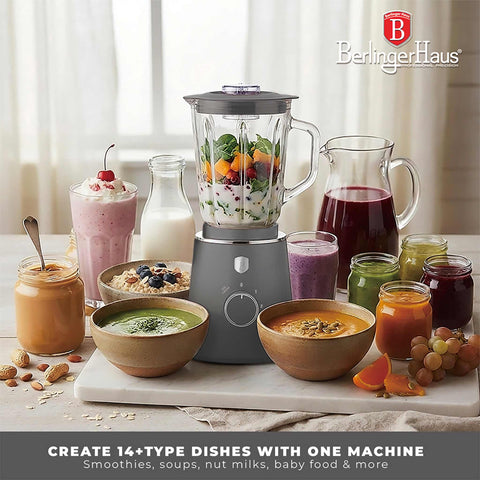 Product image of Table blender with 1,5L GLASS jar 1000W. Part of the Anthracite Collection . Features: • Material: plastic, glass • Power: 1000 W • Voltage: 220-240V, 50-60 Hz • 1,5 L glass jar • Length of power cord: 100 cm • Color: matt anthracite. (Conceptual view). Official Berlinger Haus product, boosted by Promintra sl.