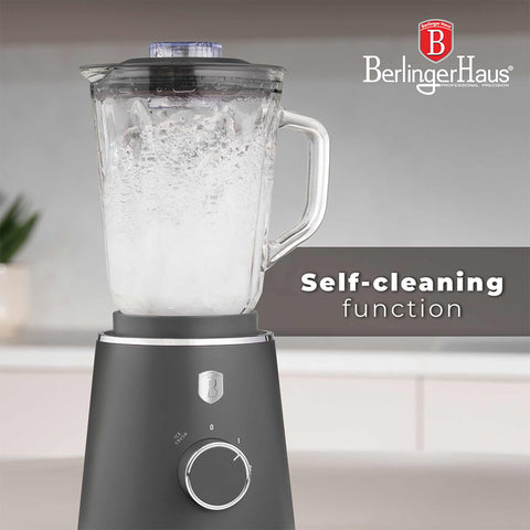 Product image of Table blender with 1,5L GLASS jar 1000W. Part of the Anthracite Collection . Features: • Material: plastic, glass • Power: 1000 W • Voltage: 220-240V, 50-60 Hz • 1,5 L glass jar • Length of power cord: 100 cm • Color: matt anthracite. (Conceptual view). Official Berlinger Haus product, boosted by Promintra sl.