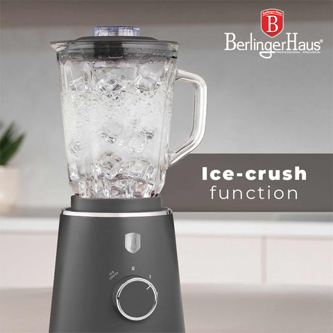 Product image of Table blender with 1,5L GLASS jar 1000W. Part of the Anthracite Collection . Features: • Material: plastic, glass • Power: 1000 W • Voltage: 220-240V, 50-60 Hz • 1,5 L glass jar • Length of power cord: 100 cm • Color: matt anthracite. (Conceptual view). Official Berlinger Haus product, boosted by Promintra sl.