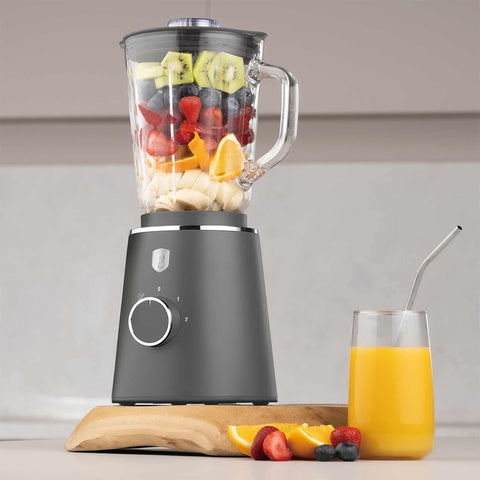 Product image of Table blender with 1,5L GLASS jar 1000W. Part of the Anthracite Collection . Features: • Material: plastic, glass • Power: 1000 W • Voltage: 220-240V, 50-60 Hz • 1,5 L glass jar • Length of power cord: 100 cm • Color: matt anthracite. (Conceptual view). Official Berlinger Haus product, boosted by Promintra sl.
