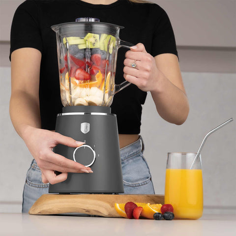 Product image of Table blender with 1,5L GLASS jar 1000W. Part of the Anthracite Collection . Features: • Material: plastic, glass • Power: 1000 W • Voltage: 220-240V, 50-60 Hz • 1,5 L glass jar • Length of power cord: 100 cm • Color: matt anthracite. (Conceptual view). Official Berlinger Haus product, boosted by Promintra sl.