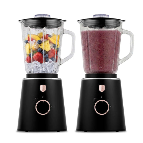 Product image of Table blender with 1,5L GLASS jar 1000W. Part of the Black Rose Collection . Features: • Material: plastic, glass • Power: 1000 W • Voltage: 220-240V, 50-60 Hz • 1,5 L glass jar • Length of power cord: 100 cm • Color: black- rose gold. (Conceptual view). Official Berlinger Haus product, boosted by Promintra sl.