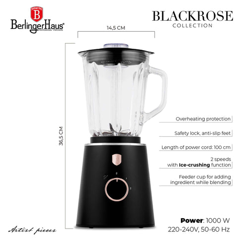 Product image of Table blender with 1,5L GLASS jar 1000W. Part of the Black Rose Collection . Features: • Material: plastic, glass • Power: 1000 W • Voltage: 220-240V, 50-60 Hz • 1,5 L glass jar • Length of power cord: 100 cm • Color: black- rose gold. (Conceptual view). Official Berlinger Haus product, boosted by Promintra sl.