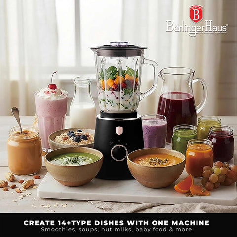 Product image of Table blender with 1,5L GLASS jar 1000W. Part of the Black Rose Collection . Features: • Material: plastic, glass • Power: 1000 W • Voltage: 220-240V, 50-60 Hz • 1,5 L glass jar • Length of power cord: 100 cm • Color: black- rose gold. (Conceptual view). Official Berlinger Haus product, boosted by Promintra sl.