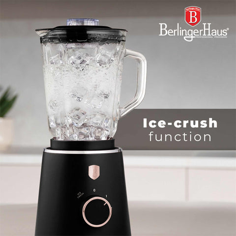 Product image of Table blender with 1,5L GLASS jar 1000W. Part of the Black Rose Collection . Features: • Material: plastic, glass • Power: 1000 W • Voltage: 220-240V, 50-60 Hz • 1,5 L glass jar • Length of power cord: 100 cm • Color: black- rose gold. (Conceptual view). Official Berlinger Haus product, boosted by Promintra sl.