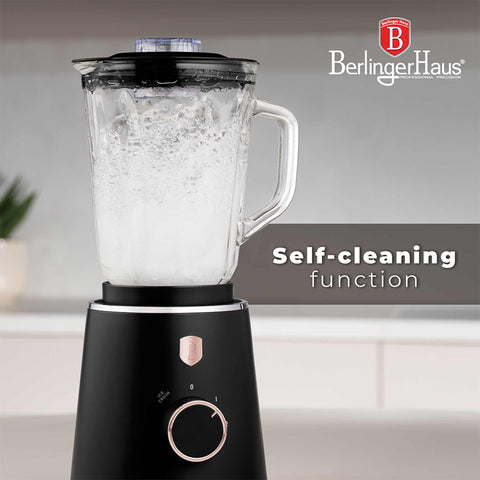Product image of Table blender with 1,5L GLASS jar 1000W. Part of the Black Rose Collection . Features: • Material: plastic, glass • Power: 1000 W • Voltage: 220-240V, 50-60 Hz • 1,5 L glass jar • Length of power cord: 100 cm • Color: black- rose gold. (Conceptual view). Official Berlinger Haus product, boosted by Promintra sl.