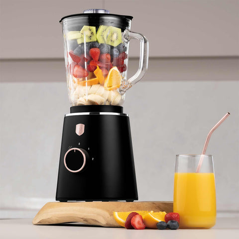 Product image of Table blender with 1,5L GLASS jar 1000W. Part of the Black Rose Collection . Features: • Material: plastic, glass • Power: 1000 W • Voltage: 220-240V, 50-60 Hz • 1,5 L glass jar • Length of power cord: 100 cm • Color: black- rose gold. (Conceptual view). Official Berlinger Haus product, boosted by Promintra sl.