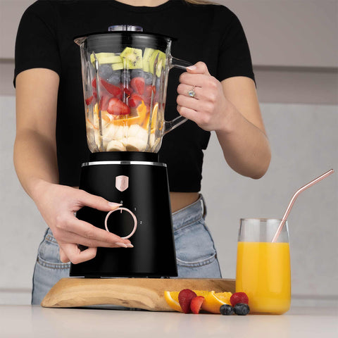 Product image of Table blender with 1,5L GLASS jar 1000W. Part of the Black Rose Collection . Features: • Material: plastic, glass • Power: 1000 W • Voltage: 220-240V, 50-60 Hz • 1,5 L glass jar • Length of power cord: 100 cm • Color: black- rose gold. (Conceptual view). Official Berlinger Haus product, boosted by Promintra sl.