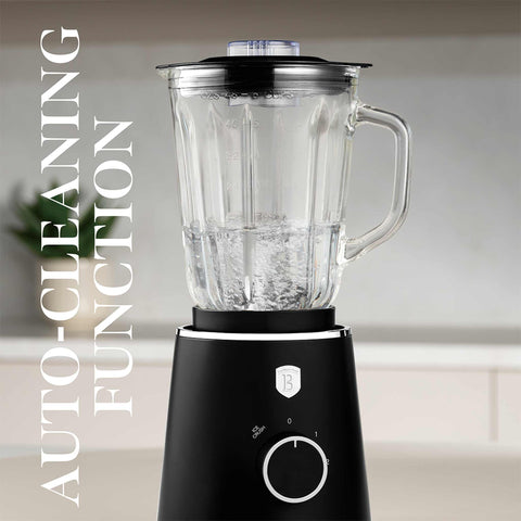 Product image of Table blender with 1,5L GLASS jar 1000W. Part of the Black Vantage Collection/Matte Black Collection/Black Silver Collection . Features: • Material: plastic, glass • Power: 1000 W • Voltage: 220-240V, 50-60 Hz • 1,5 L glass jar • Length of power cord: 100 cm • Color: matt black. (Conceptual view). Official Berlinger Haus product, boosted by Promintra sl.