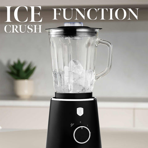 Product image of Table blender with 1,5L GLASS jar 1000W. Part of the Black Vantage Collection/Matte Black Collection/Black Silver Collection . Features: • Material: plastic, glass • Power: 1000 W • Voltage: 220-240V, 50-60 Hz • 1,5 L glass jar • Length of power cord: 100 cm • Color: matt black. (Conceptual view). Official Berlinger Haus product, boosted by Promintra sl.