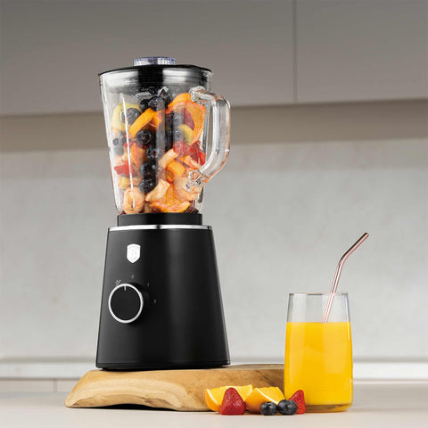 Product image of Table blender with 1,5L GLASS jar 1000W. Part of the Black Vantage Collection/Matte Black Collection/Black Silver Collection . Features: • Material: plastic, glass • Power: 1000 W • Voltage: 220-240V, 50-60 Hz • 1,5 L glass jar • Length of power cord: 100 cm • Color: matt black. (Conceptual view). Official Berlinger Haus product, boosted by Promintra sl.