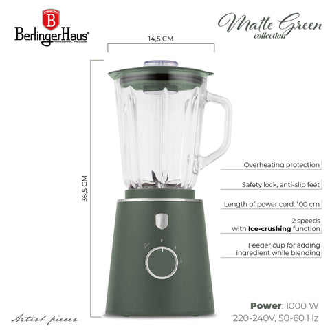 Product image of Table blender with 1,5L GLASS jar 1000W. Part of the Matte Green Collection . Features: • Material: plastic, glass • Power: 1000 W • Voltage: 220-240V, 50-60 Hz • 1,5 L glass jar • Length of power cord: 100 cm • Color: matt green. (Conceptual view). Official Berlinger Haus product, boosted by Promintra sl.