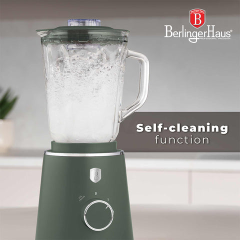 Product image of Table blender with 1,5L GLASS jar 1000W. Part of the Matte Green Collection . Features: • Material: plastic, glass • Power: 1000 W • Voltage: 220-240V, 50-60 Hz • 1,5 L glass jar • Length of power cord: 100 cm • Color: matt green. (Conceptual view). Official Berlinger Haus product, boosted by Promintra sl.