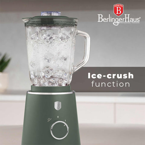 Product image of Table blender with 1,5L GLASS jar 1000W. Part of the Matte Green Collection . Features: • Material: plastic, glass • Power: 1000 W • Voltage: 220-240V, 50-60 Hz • 1,5 L glass jar • Length of power cord: 100 cm • Color: matt green. (Conceptual view). Official Berlinger Haus product, boosted by Promintra sl.