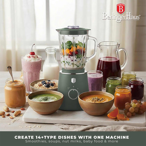 Product image of Table blender with 1,5L GLASS jar 1000W. Part of the Matte Green Collection . Features: • Material: plastic, glass • Power: 1000 W • Voltage: 220-240V, 50-60 Hz • 1,5 L glass jar • Length of power cord: 100 cm • Color: matt green. (Conceptual view). Official Berlinger Haus product, boosted by Promintra sl.