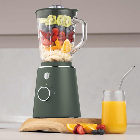 Product image of Table blender with 1,5L GLASS jar 1000W. Part of the Matte Green Collection . Features: • Material: plastic, glass • Power: 1000 W • Voltage: 220-240V, 50-60 Hz • 1,5 L glass jar • Length of power cord: 100 cm • Color: matt green. (Conceptual view). Official Berlinger Haus product, boosted by Promintra sl.