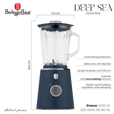 Product image of Table blender with 1,5L GLASS jar 1000W. Part of the Deep Sea Collection . Features: • Material: plastic, glass • Power: 1000 W • Voltage: 220-240V, 50-60 Hz • 1,5 L glass jar • Length of power cord: 100 cm • Color: matt blue, grey .... (Conceptual view). Official Berlinger Haus product, boosted by Promintra sl.
