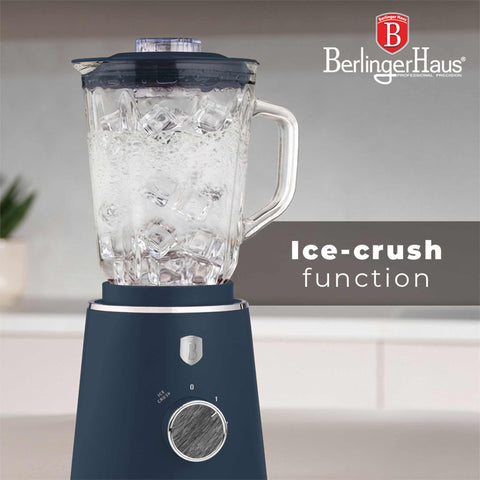 Product image of Table blender with 1,5L GLASS jar 1000W. Part of the Deep Sea Collection . Features: • Material: plastic, glass • Power: 1000 W • Voltage: 220-240V, 50-60 Hz • 1,5 L glass jar • Length of power cord: 100 cm • Color: matt blue, grey .... (Conceptual view). Official Berlinger Haus product, boosted by Promintra sl.