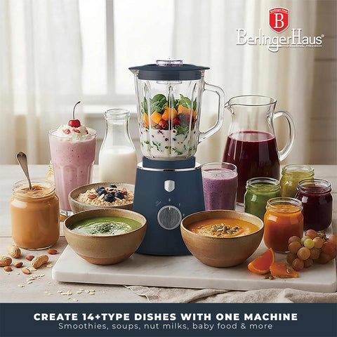 Product image of Table blender with 1,5L GLASS jar 1000W. Part of the Deep Sea Collection . Features: • Material: plastic, glass • Power: 1000 W • Voltage: 220-240V, 50-60 Hz • 1,5 L glass jar • Length of power cord: 100 cm • Color: matt blue, grey .... (Conceptual view). Official Berlinger Haus product, boosted by Promintra sl.
