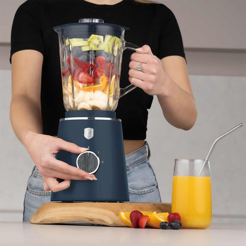 Product image of Table blender with 1,5L GLASS jar 1000W. Part of the Deep Sea Collection . Features: • Material: plastic, glass • Power: 1000 W • Voltage: 220-240V, 50-60 Hz • 1,5 L glass jar • Length of power cord: 100 cm • Color: matt blue, grey .... (Conceptual view). Official Berlinger Haus product, boosted by Promintra sl.