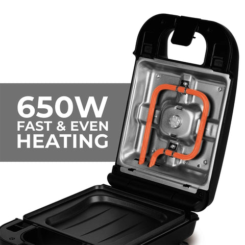 Product image of 3in1 sandwich maker with detachable plates. Part of the Black Rose Collection . Features: • Material: aluminium, plastic • Power: 650 W • Voltage: 220-240 V, 50/60Hz • Plate size: 14*14 cm • NON-STICK coating • Length of power cord: 80 c.... (Studio view). Official Berlinger Haus product, boosted by Promintra sl.