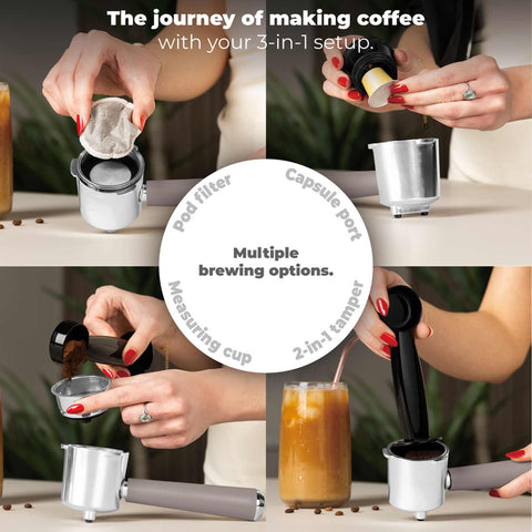 Product image of Digital espresso coffee maker 3in1. Part of the Taupe Collection . Features: • Material: stainless steel • Power: 950 W • Voltage: 220-240V 50/60 Hz • 1L water tank • 1 and 2 cup filter • 2 in 1 plastic spoon with tamper • S.... (Conceptual view). Official Berlinger Haus product, boosted by Promintra sl.