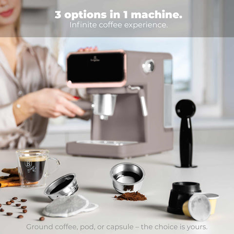 Product image of Digital espresso coffee maker 3in1. Part of the Taupe Collection . Features: • Material: stainless steel • Power: 950 W • Voltage: 220-240V 50/60 Hz • 1L water tank • 1 and 2 cup filter • 2 in 1 plastic spoon with tamper • S.... (Conceptual view). Official Berlinger Haus product, boosted by Promintra sl.