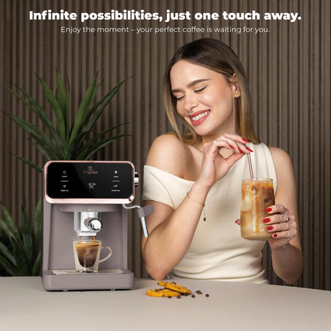 Product image of Digital espresso coffee maker 3in1. Part of the Taupe Collection . Features: • Material: stainless steel • Power: 950 W • Voltage: 220-240V 50/60 Hz • 1L water tank • 1 and 2 cup filter • 2 in 1 plastic spoon with tamper • S.... (Conceptual view). Official Berlinger Haus product, boosted by Promintra sl.
