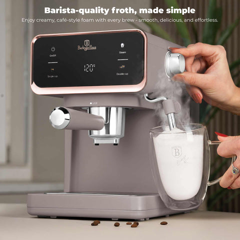 Product image of Digital espresso coffee maker 3in1. Part of the Taupe Collection . Features: • Material: stainless steel • Power: 950 W • Voltage: 220-240V 50/60 Hz • 1L water tank • 1 and 2 cup filter • 2 in 1 plastic spoon with tamper • S.... (Conceptual view). Official Berlinger Haus product, boosted by Promintra sl.