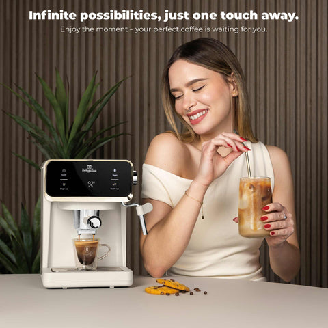 Product image of Digital espresso coffee maker 3in1. Part of the Sahara Collection . Features: • Material: stainless steel • Power: 950 W • Voltage: 220-240V 50/60 Hz • 1L water tank • 1 and 2 cup filter • 2 in 1 plastic spoon with tamper • S.... (Studio view). Official Berlinger Haus product, boosted by Promintra sl.