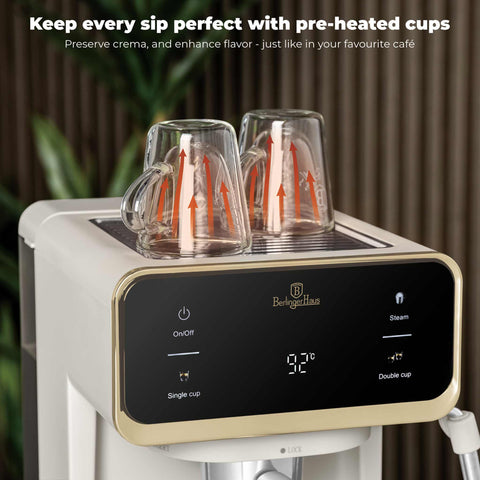 Product image of Digital espresso coffee maker 3in1. Part of the Sahara Collection . Features: • Material: stainless steel • Power: 950 W • Voltage: 220-240V 50/60 Hz • 1L water tank • 1 and 2 cup filter • 2 in 1 plastic spoon with tamper • S.... (Studio view). Official Berlinger Haus product, boosted by Promintra sl.