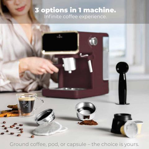 Product image of Digital espresso coffee maker 3in1. Part of the Leonardo Collection . Features: • Material: stainless steel • Power: 950 W • Voltage: 220-240V 50/60 Hz • 1L water tank • 1 and 2 cup filter • 2 in 1 plastic spoon with tamper • S.... (Studio view). Official Berlinger Haus product, boosted by Promintra sl.
