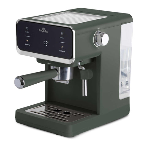 Product image of Digital espresso coffee maker 3in1. Part of the Matte Green Collection . Features: • Material: stainless steel • Power: 950 W • Voltage: 220-240V 50/60 Hz • 1L water tank • 1 and 2 cup filter • 2 in 1 plastic spoon with tamper • S.... (Studio view). Official Berlinger Haus product, boosted by Promintra sl.