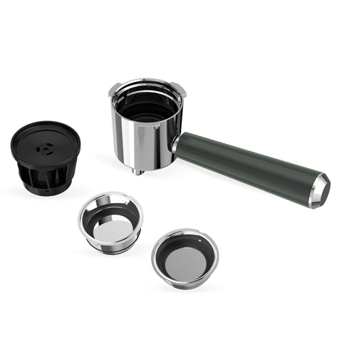 Product image of Digital espresso coffee maker 3in1. Part of the Matte Green Collection . Features: • Material: stainless steel • Power: 950 W • Voltage: 220-240V 50/60 Hz • 1L water tank • 1 and 2 cup filter • 2 in 1 plastic spoon with tamper • S.... (Studio view). Official Berlinger Haus product, boosted by Promintra sl.