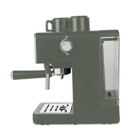 Product image of Digital espresso coffee maker 3in1. Part of the Matte Green Collection . Features: • Material: stainless steel • Power: 950 W • Voltage: 220-240V 50/60 Hz • 1L water tank • 1 and 2 cup filter • 2 in 1 plastic spoon with tamper • S.... (Studio view). Official Berlinger Haus product, boosted by Promintra sl.