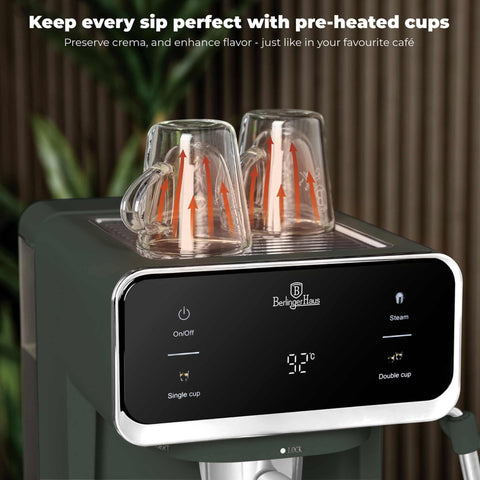 Product image of Digital espresso coffee maker 3in1. Part of the Matte Green Collection . Features: • Material: stainless steel • Power: 950 W • Voltage: 220-240V 50/60 Hz • 1L water tank • 1 and 2 cup filter • 2 in 1 plastic spoon with tamper • S.... (Studio view). Official Berlinger Haus product, boosted by Promintra sl.